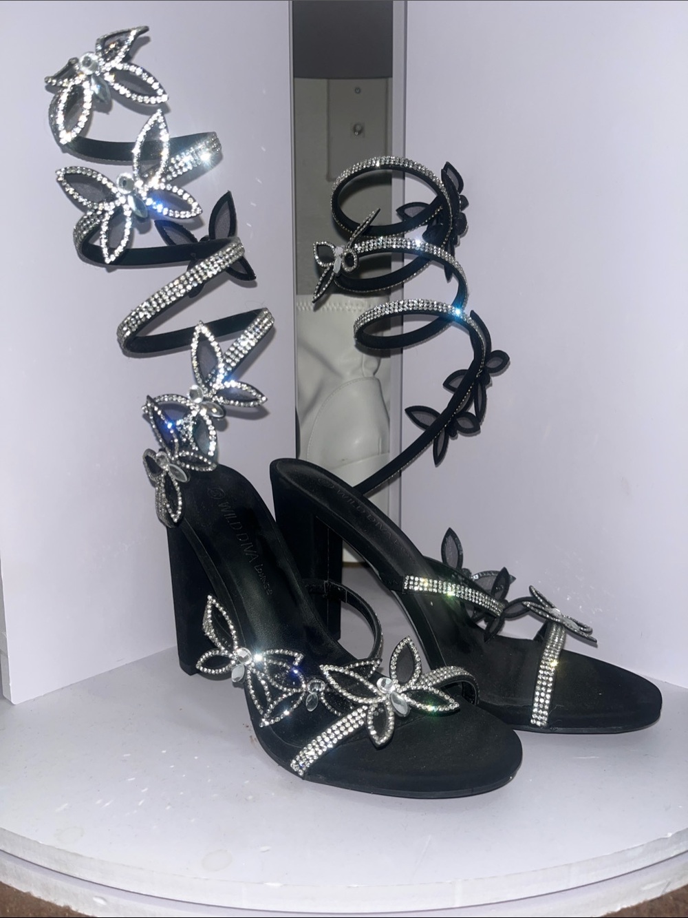 DIVA Lounge Black Rhinestone Floral Wrap-Heel Sandals